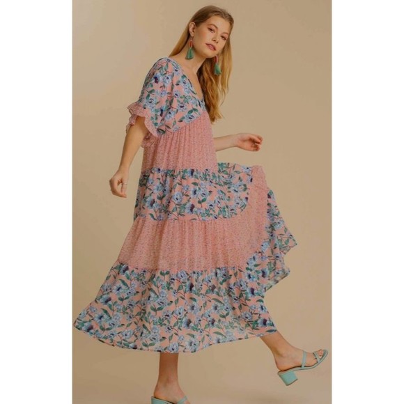 New UMGEE Small Pastel Floral Ruffle Sleeve V-Neck Maxi Dress Back Tie Dress - Picture 3 of 4